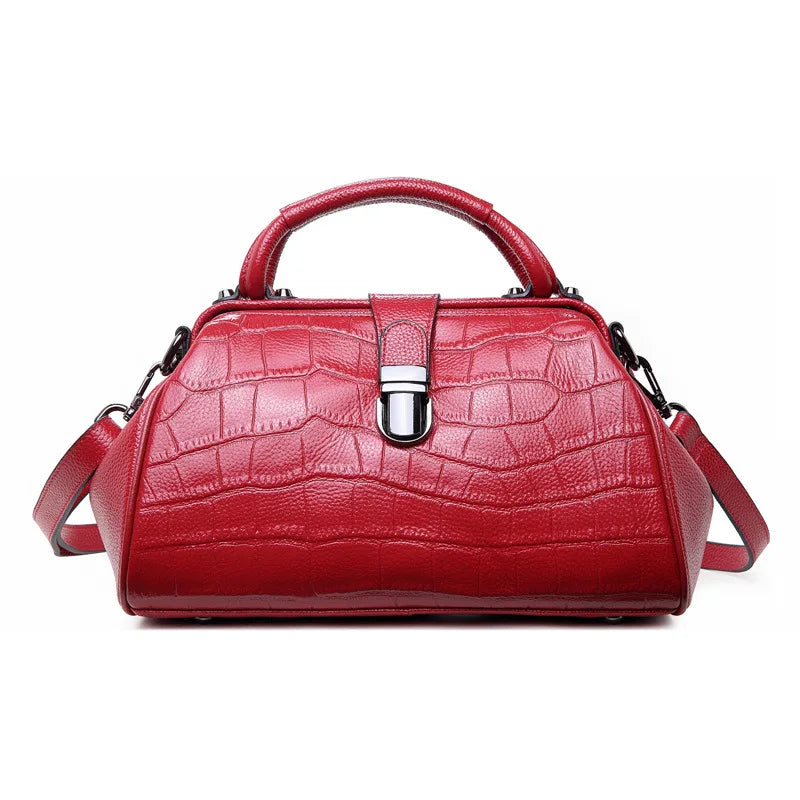 Genuine Leather Women's Doctor Shape Shoulder/Crossbody Handbag 2026 New Fashion All-Match Top Layer Cowhide Crocodile Pattern