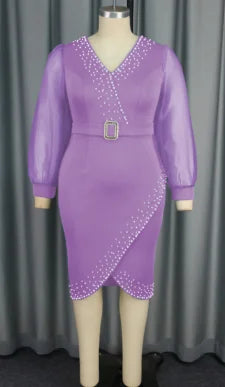 Tulle Lantern Sleeves V Neck Office Lady Beading Career Dress with Belt
