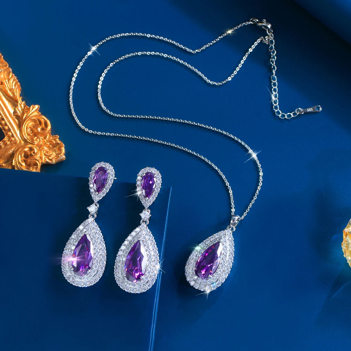 Charming CZ Jewelry Set Yellow Teardrop Dangle Cubic Zirconia Earrings Pendant Jewelry Set for Women Brides Rhodium Plated Gift