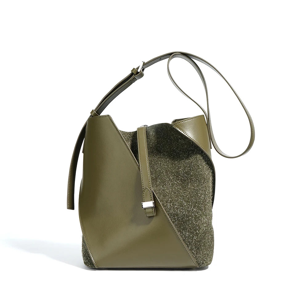 Large Capacity Genuine Cowhide Leather Bucket Bag Fashion Trendy Suede Shoulder Purse for Ladies Soft Vintage Style for Summer