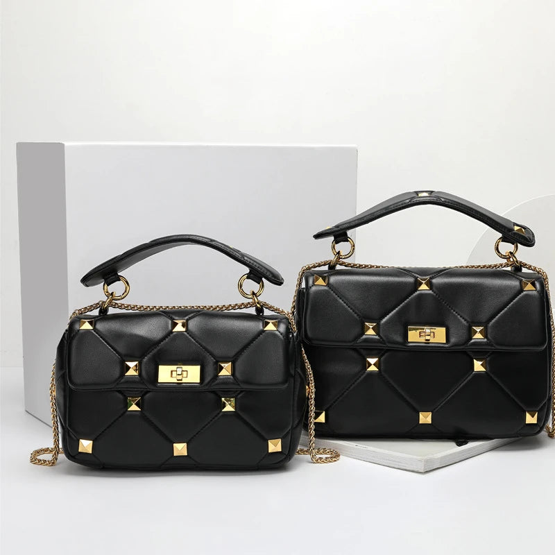 Trendy Leather Square Sheep Leather Designer Black square Shoulder Crossbody Studded Bag Purse Handbags for Women