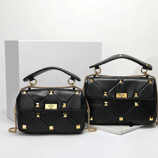 Trendy Leather Square Sheep Leather Designer Black square Shoulder Crossbody Studded Bag Purse Handbags for Women