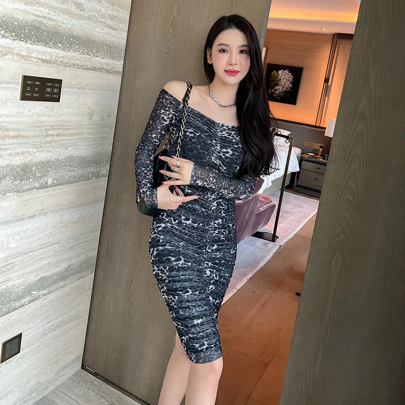 Women's Casual Mini Dress Long Sleeve Shoulder Leopard Print Pleated Ruched Bodycon Features Natural