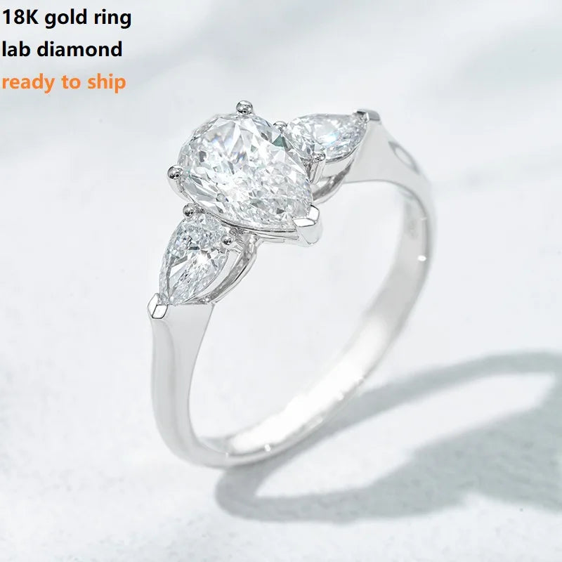 MomentWill 18K White Gold Ring 1.2ct Diamond Three Stone Pear Shape Lab Grown Diamond Hpht Cvd Engagement Wedding Ring Jewelry