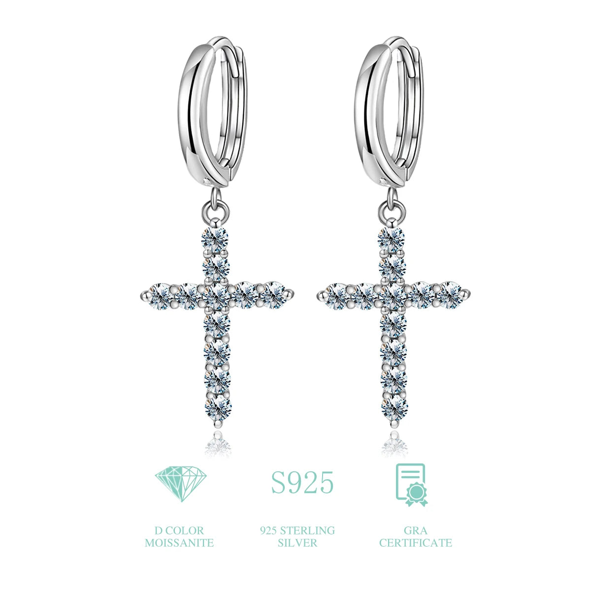 925 Sterling Silver 2mm Round Cut Moissanite Cross Jesus Earrings for Women Engagement Wedding Fine Jewelry