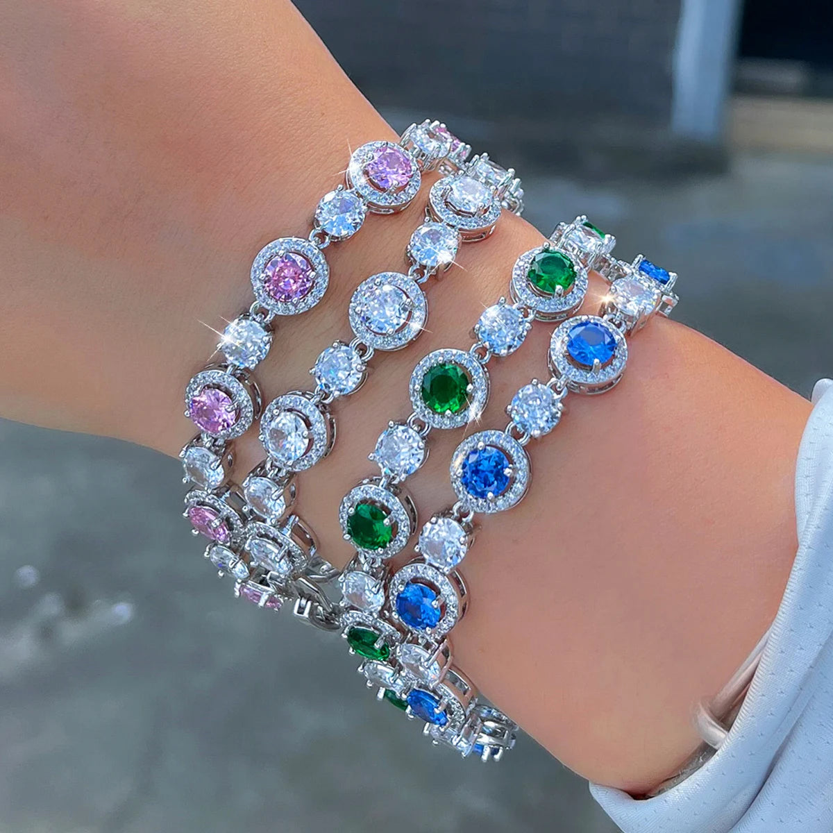 Elegant Bracelet Rhodium Plated Green White Round CZ Tennis Chain Link Bracelet for Women Brides Jewelry Costume Accessories