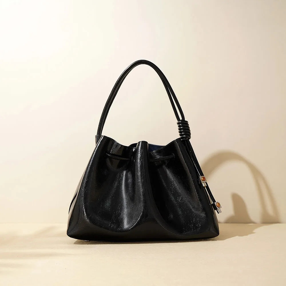 Ladies Luxury Genuine Cowhide Leather Drawstring Bucket Handbag Vintage Women's Quality Bag for All Seasons