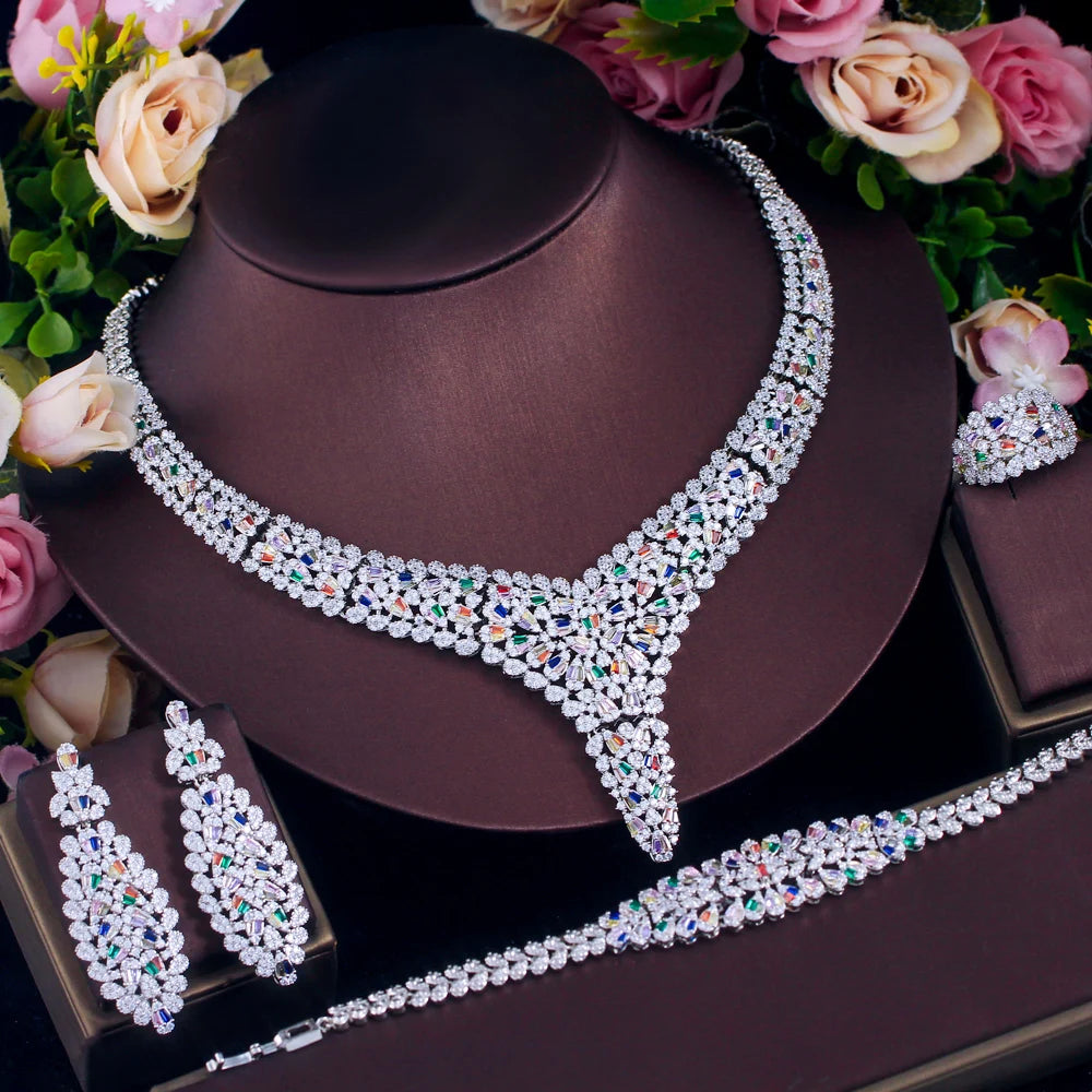 Luxurious Styles Silver Plated Mixcolor Cubic Zircon Party Bridal Big Jewelry Set for Women Wedding Dress Accessories