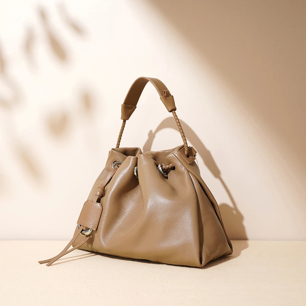 New High Quality Leather Drawstring Women's Purse Handbags Luxury Genuine Cowhide Leather Shoulder Crossbody Bags for Women