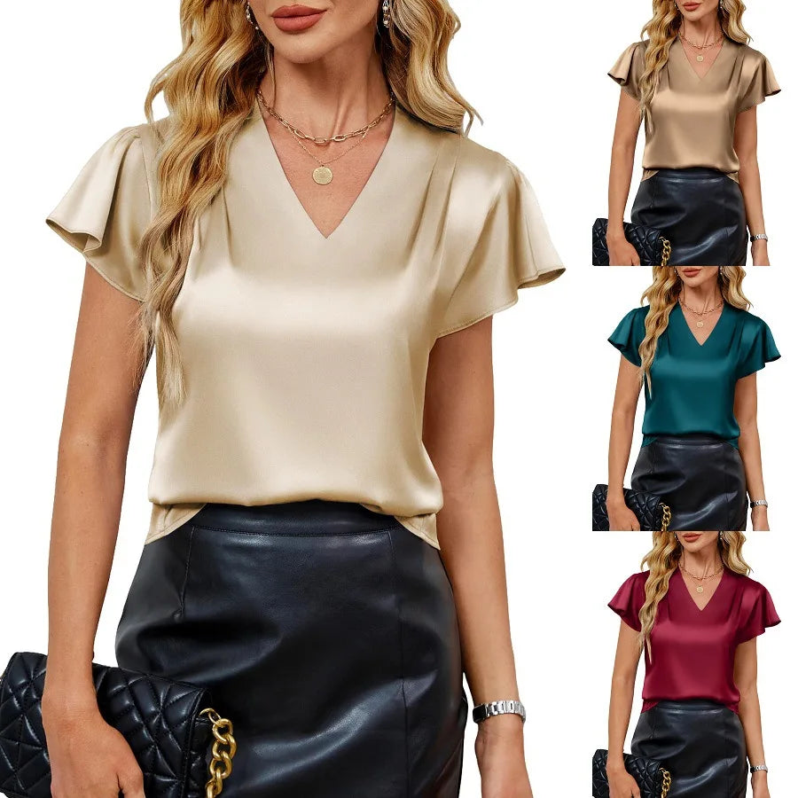 2026 Summer New V-neck Satin Shirt, Pleated, Loose, Short-Sleeved Top, Short-Sleeved