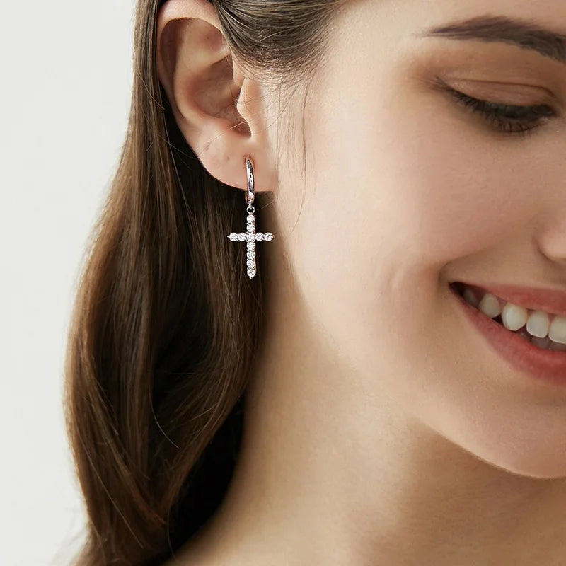 925 Sterling Silver 2mm Round Cut Moissanite Cross Jesus Earrings for Women Engagement Wedding Fine Jewelry