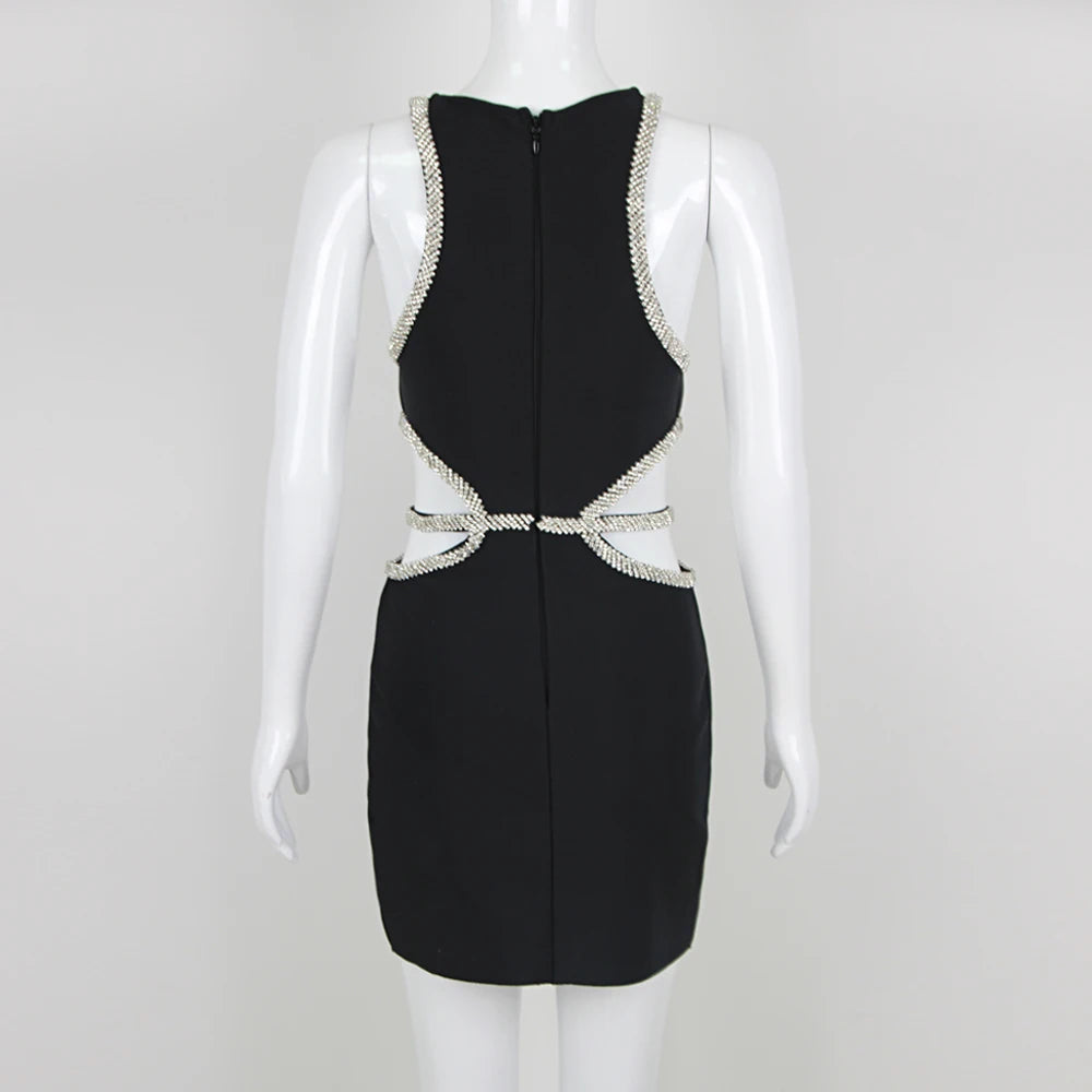 New Fashion Sleeveless Short Party Dress Elegant Women Rhinestone Flower Sexy Cut-out Club Dresses