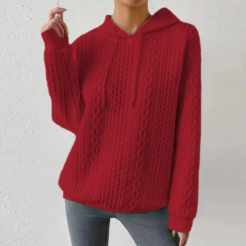2025 Women Ladies Autumn Plus Size Casual Solid Color Embroidery Sweater Knit Hooded Lace-up Long Sleeve Hoodies
