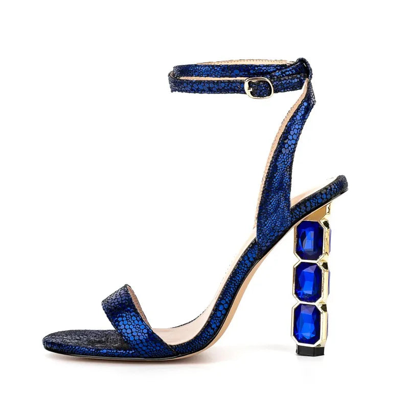 Sandalias Femme Latest Fashion Women Diamonds Heel Dress Shoes Open Toe Chunky Heel Bling Ankle Strap Heeled Sandals for Ladies