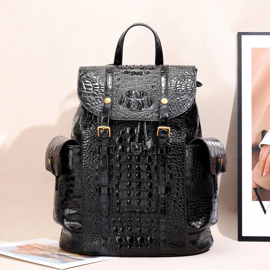Large Capacity Crocodile Leather Unisex Backpack with Nylon Lining Zipper Closure for Male and Female Travelers and Students