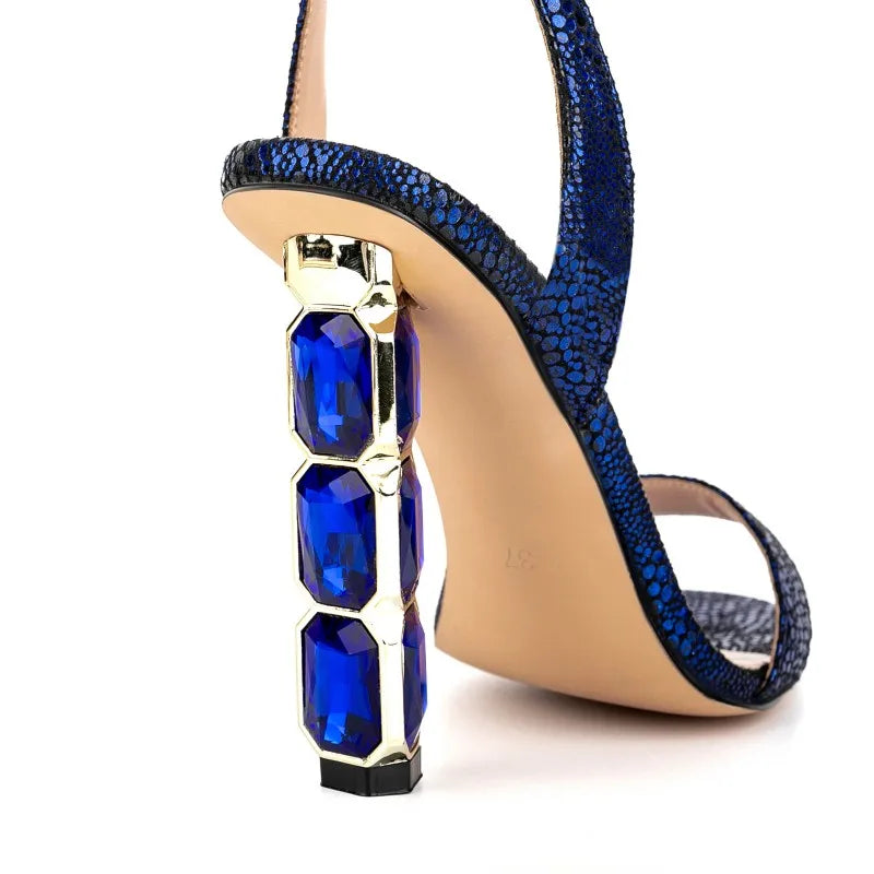 Sandalias Femme Latest Fashion Women Diamonds Heel Dress Shoes Open Toe Chunky Heel Bling Ankle Strap Heeled Sandals for Ladies
