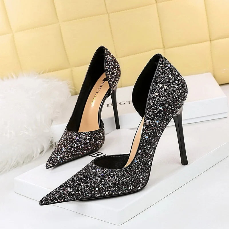 2025  Designer Fashion Shoes Sequin Cloth Stiletto Women's Pumps Heels for Ladies