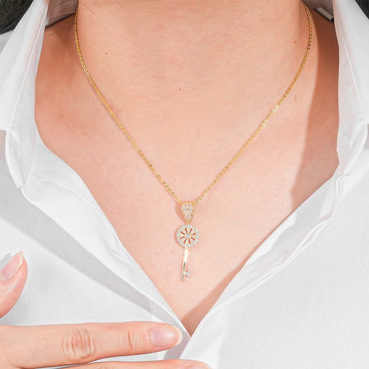 Lovers Gift 14k Real Yellow Gold Cubic Zirconia CZ Key Pendant Necklace for Women with 925 Silver Chain for Gift