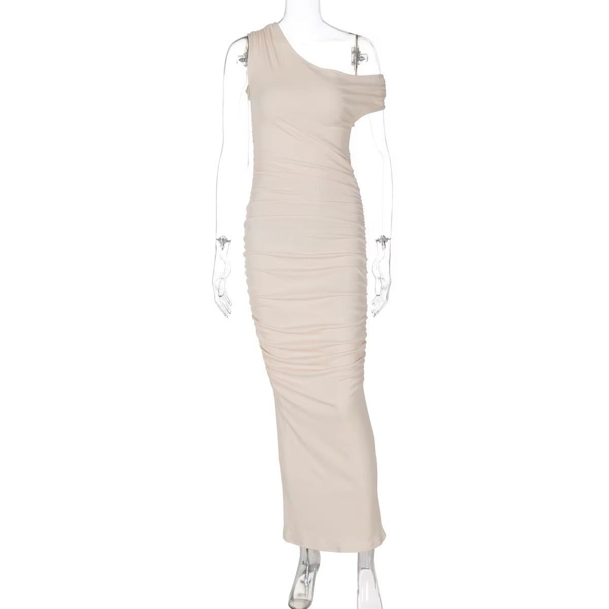 Elegant Bodycon Maxi Vestidos Women Chic Solid Skew Collar Sleeveless Pleated Long Dresses Female New Summer Party Outfits