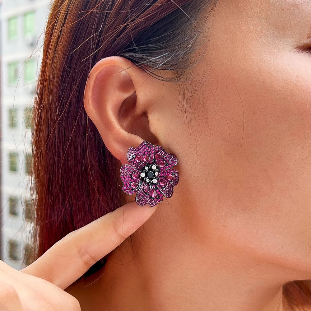 Luxury Rose Red Cubic Zirconia Big Flower Stud Earrings for Women Fashion Elegant Daily Party Costume Jewelry