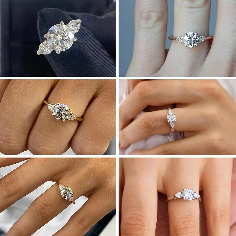 MomentWill 18K Real Gold Three Stone Design Jewelry Round Pear Lab Grown Diamond Hpht Certified Cvd Diamond Ring