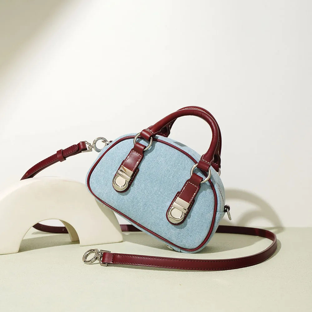 Women's Fashion Mini Crossbody Shoulder Bag New Denim Purses with Zipper Closure and Leather Handle