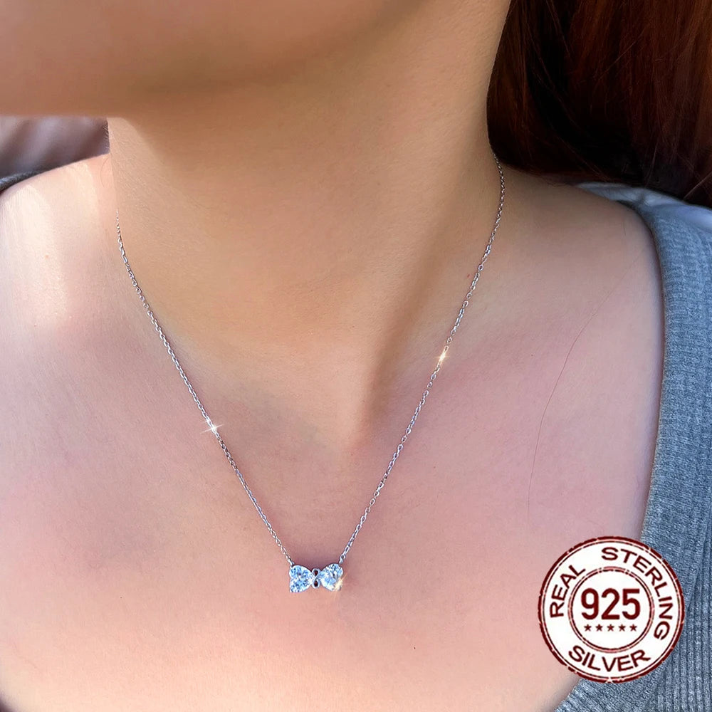 Sparkling S925 Sterling Silver Jewelry Heart Cubic Zirconia Romantic White Bow Pendant Necklace for Women Birthday Dating Gifts
