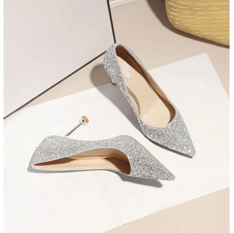 Women Sequin High Heeled Pointed Toe Shoes Evening Party Wedding Gold & Silver Lady Cocktail Slip-on Thin Heel Shoes