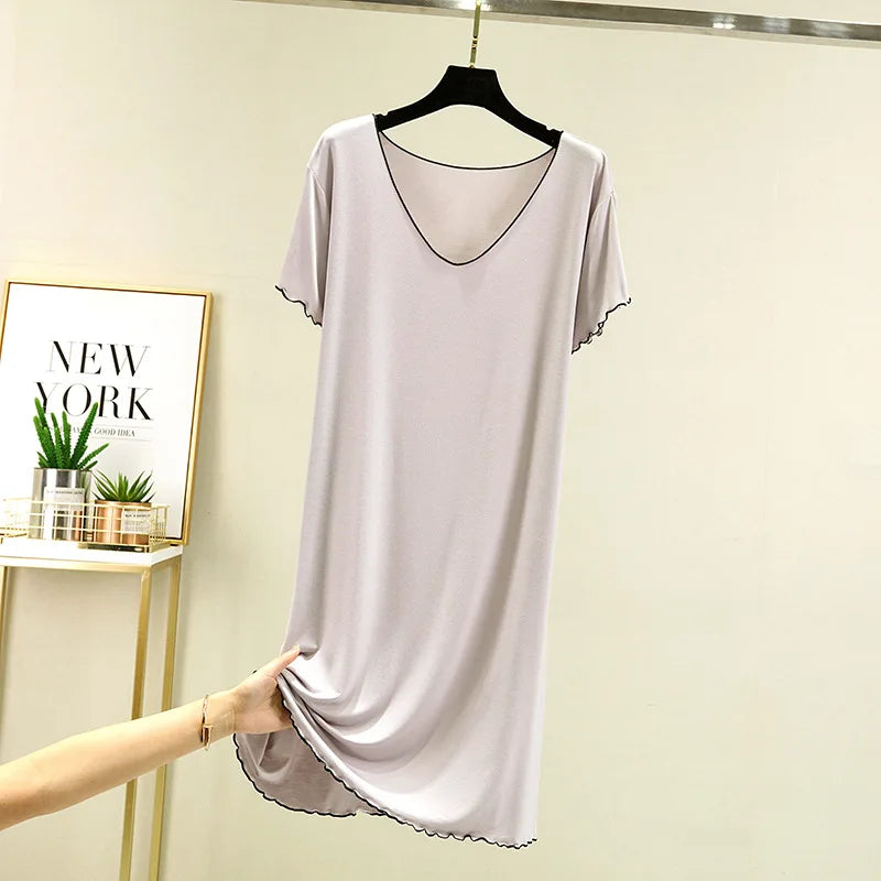 2025 Fall Summer Spring Collection Hot Sale Ladies' Girls' Sleeping Dress Short Sleeved Large V-Neck Loose Lace Pure Color Knitted