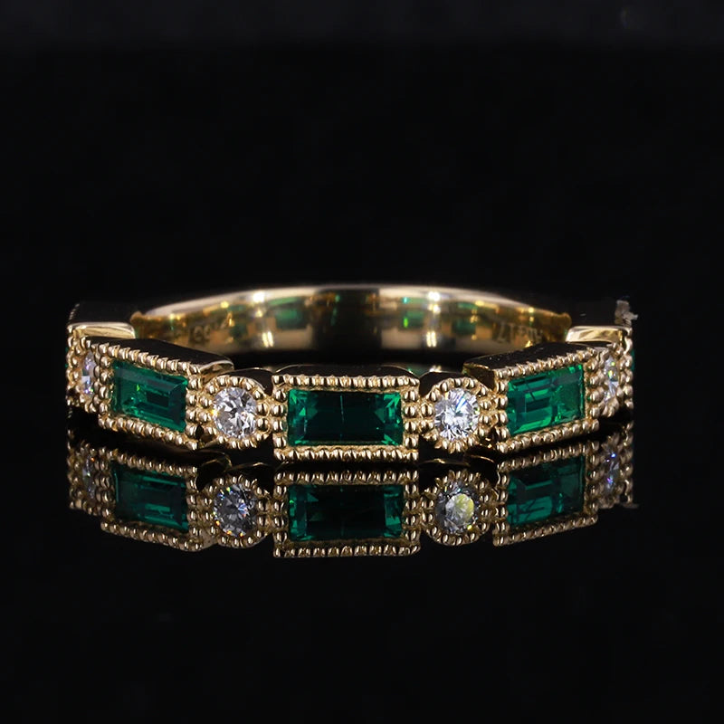MomentWill 10k Gold Green Emerald Ring Half Eternity Jewelry Women Wedding Rings