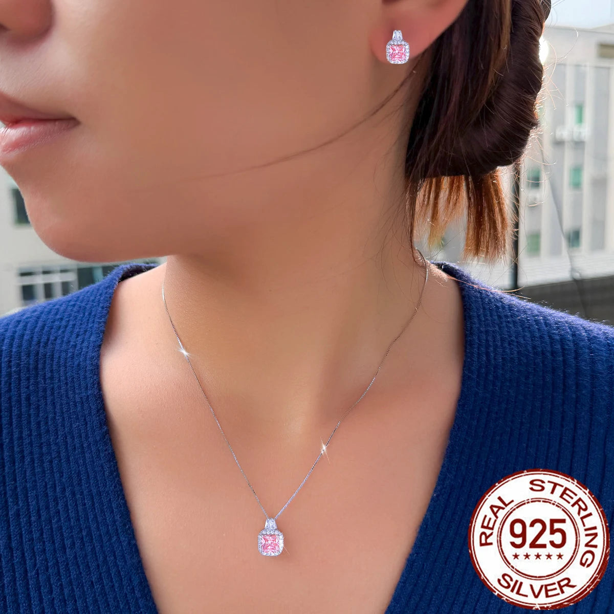 Discover Charming Real 925 Sterling Silver Cubic Zirconia Jewelry Set Pink CZ Square Pendant Earrings Jewelry Set for Women Banquet