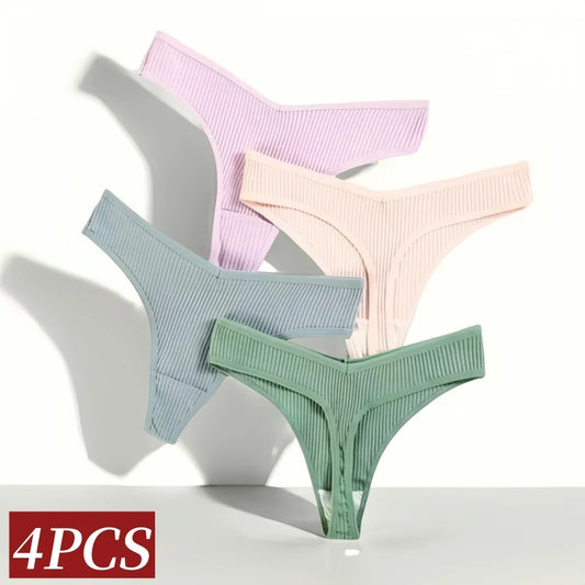 4Pcs/Set Women Cotton Panties Sexy V Waist Thongs M-XXL G-string Female Underpants Solid Color Comfortable Girls Lingerie