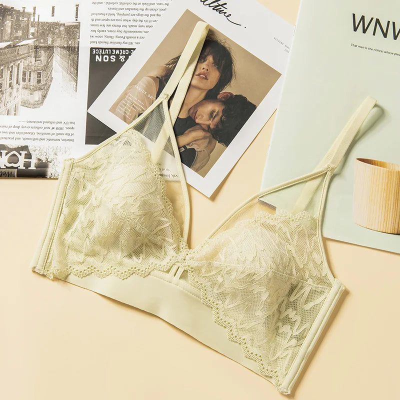 Lace Bras for Women Push Up Bra Non-wire Seamless Brassiere V-Neck Bralette 3/4 Fixed Cup Padded Underwear Sexy Lingerie