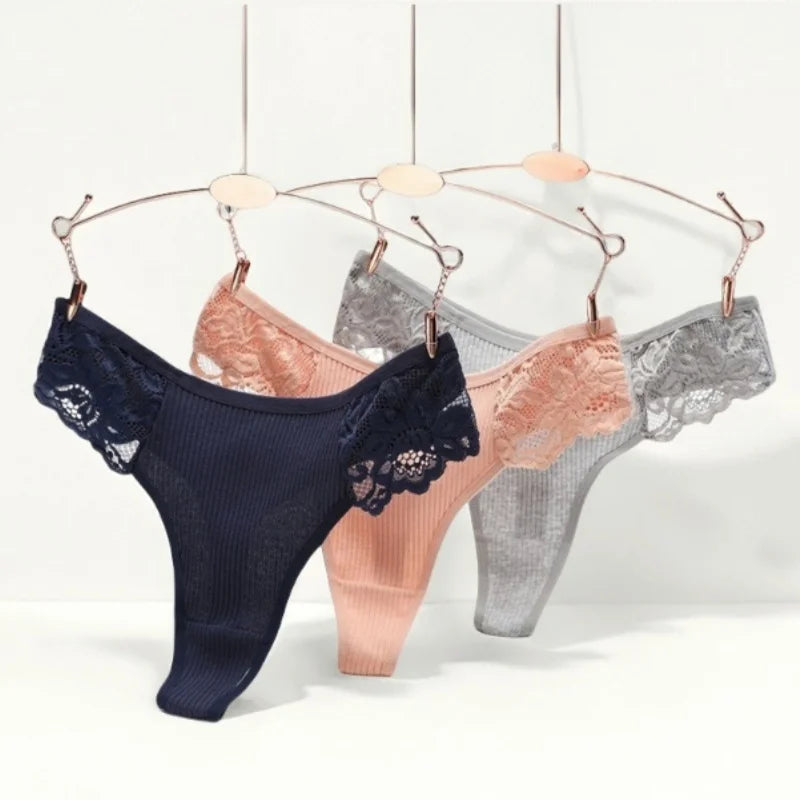 4Pcs/Set Women's Cotton Thongs Sexy Underwear Solid Color Low Waist Panties Breathable Lace Trims G-string Sexy Lingerie