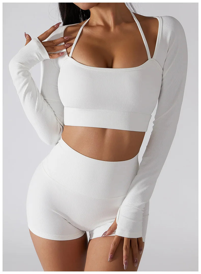 Women's Shirt Seamless Crop Top Fitness Shirts Long Sleeve Sports Top Female Yoga Tops Activewear With Shoulder Strap