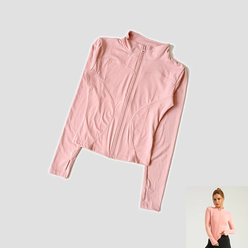 Women Slim Yoga Clothes Quick Dry Zipper Cardigan Stand Up Collar Jacket Outdoor Long Sleeved Running Fitness Sports Top