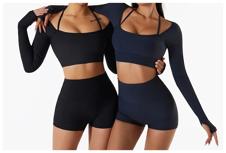 Women's Shirt Seamless Crop Top Fitness Shirts Long Sleeve Sports Top Female Yoga Tops Activewear With Shoulder Strap