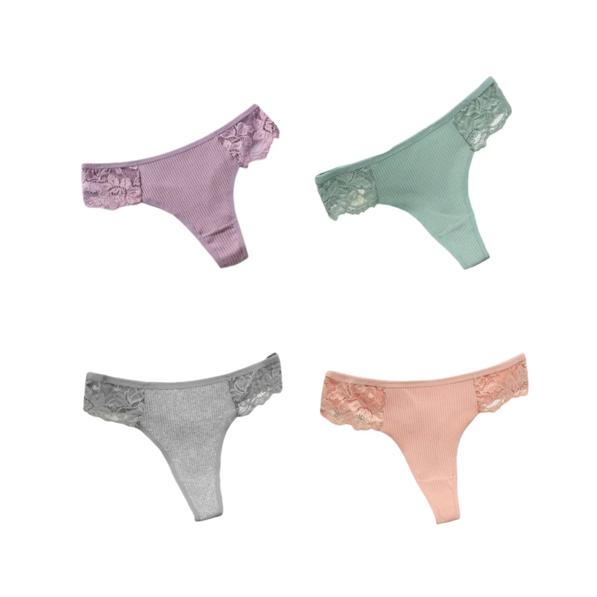 4Pcs/Set Women's Cotton Thongs Sexy Underwear Solid Color Low Waist Panties Breathable Lace Trims G-string Sexy Lingerie