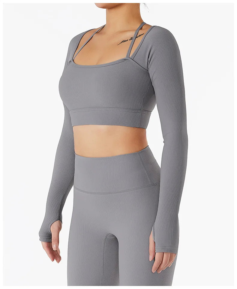 Women's Shirt Seamless Crop Top Fitness Shirts Long Sleeve Sports Top Female Yoga Tops Activewear With Shoulder Strap