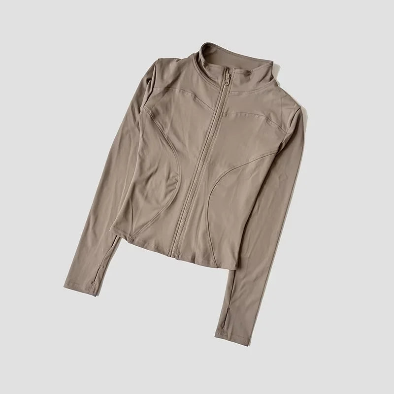 Women Slim Yoga Clothes Quick Dry Zipper Cardigan Stand Up Collar Jacket Outdoor Long Sleeved Running Fitness Sports Top
