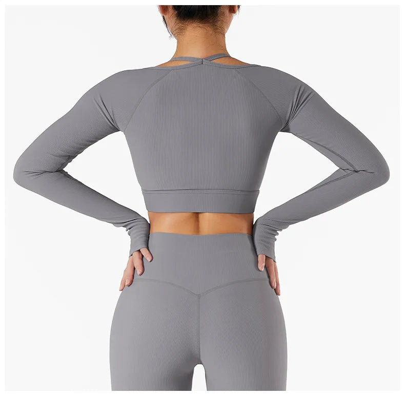 Women's Shirt Seamless Crop Top Fitness Shirts Long Sleeve Sports Top Female Yoga Tops Activewear With Shoulder Strap