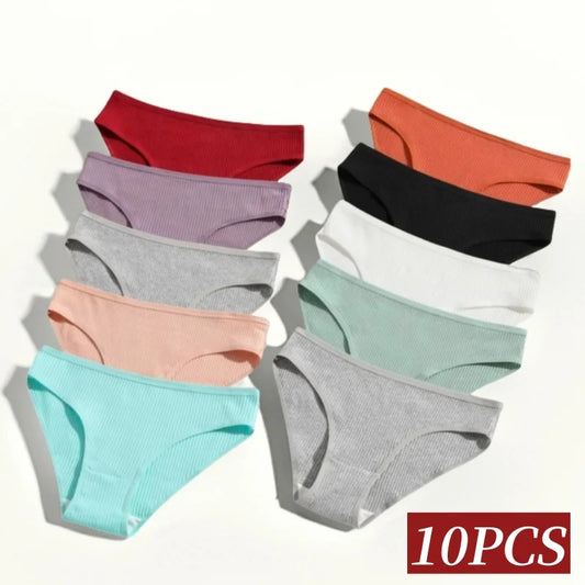 10Pcs/Set Cotton Briefs Breathable Panties Women Low Waist Briefs Sports Solid Color Seamless Underwear Female Underpants S-XXL