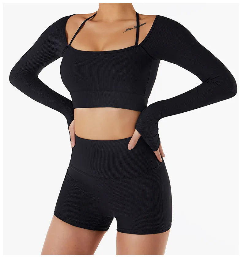 Women's Shirt Seamless Crop Top Fitness Shirts Long Sleeve Sports Top Female Yoga Tops Activewear With Shoulder Strap
