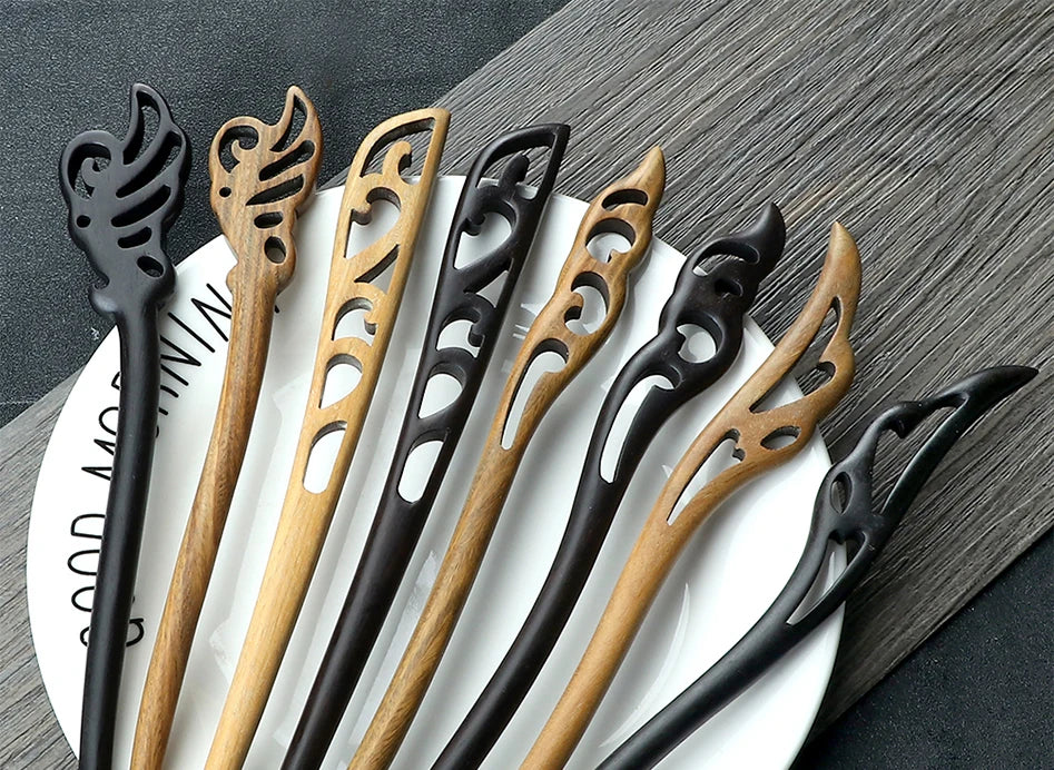 Style Retro Sandalwood Hair Clip Hairpin Chinese Ancient Carved Wooden Chopstick Hair Stick Cosplay Party Headwear Accessories
