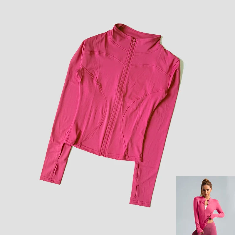 Women Slim Yoga Clothes Quick Dry Zipper Cardigan Stand Up Collar Jacket Outdoor Long Sleeved Running Fitness Sports Top
