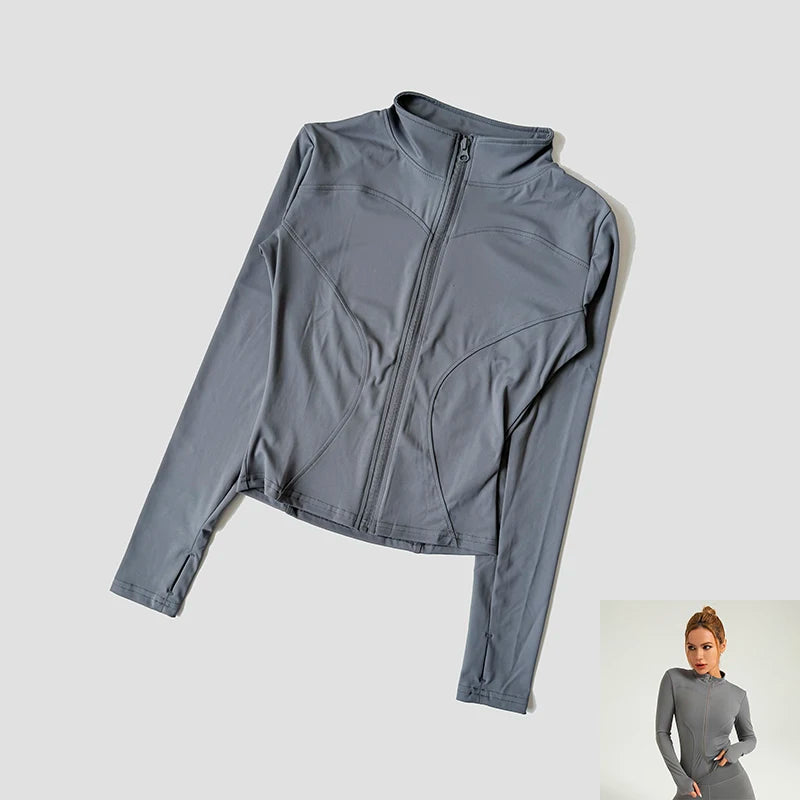 Women Slim Yoga Clothes Quick Dry Zipper Cardigan Stand Up Collar Jacket Outdoor Long Sleeved Running Fitness Sports Top
