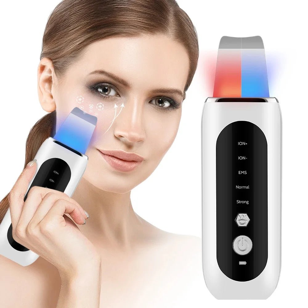 Beauty Product Facial Lift Deep Face Cleaning Red Blue Light Electric Dead Ultrasonic Face Sonic Skin Scrubber Spatula
