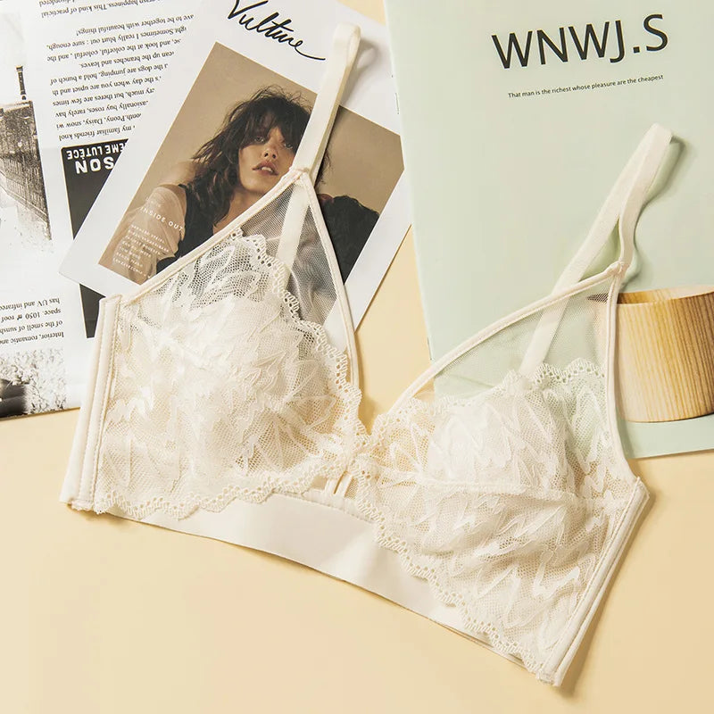 Lace Bras for Women Push Up Bra Non-wire Seamless Brassiere V-Neck Bralette 3/4 Fixed Cup Padded Underwear Sexy Lingerie