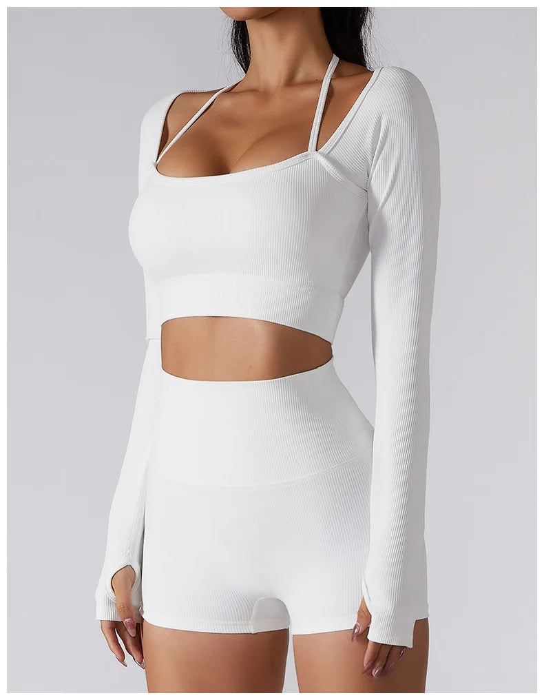 Women's Shirt Seamless Crop Top Fitness Shirts Long Sleeve Sports Top Female Yoga Tops Activewear With Shoulder Strap
