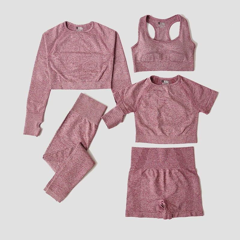 2/3/5PCS Seamless Women Yoga Set Workout Sportswear Gym Clothing Fitness Long Sleeve Crop Top High Waist Leggings Sports Suits